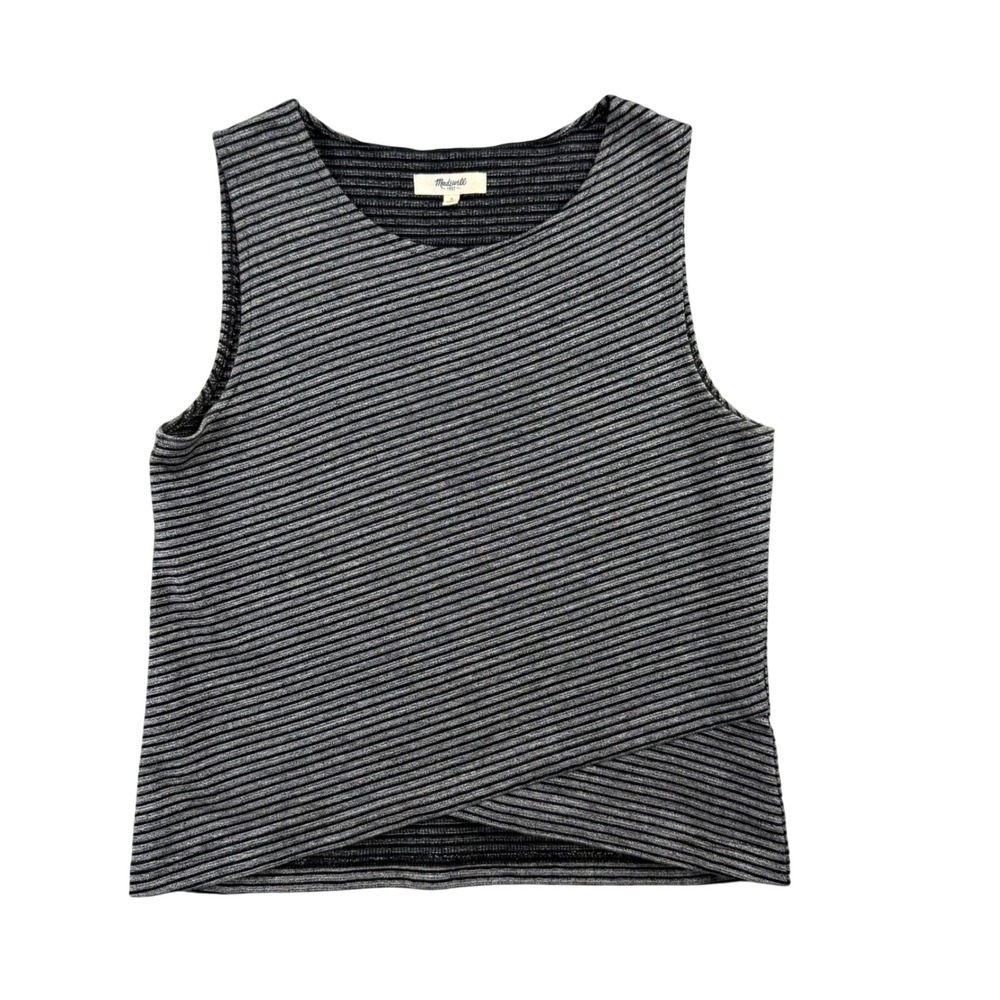 Madewell Striped Sleeveless Knit Top Crossover Tulip Hem Gray Black COTTON Small